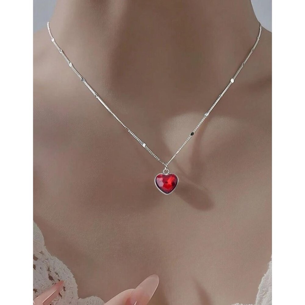Heart-Shaped Red Crystal Pendant Necklace 925 Sterling Silver Women Jewelry Gift - Picture 5 of 6